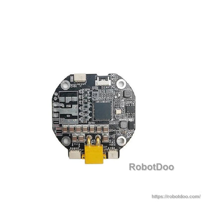 Round motor control PCB top view with components, connectors, and mounting holes