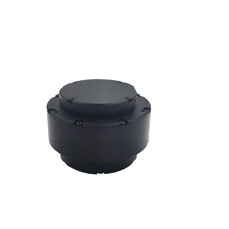 Planetary reducer motor rear housing view with round cover plate and perimeter screws