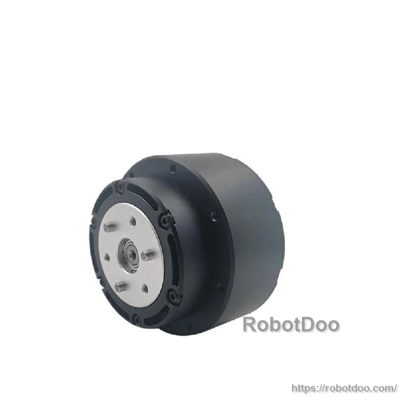 Three-quarter front view highlighting reducer body depth, output plate, and mounting bolt holes