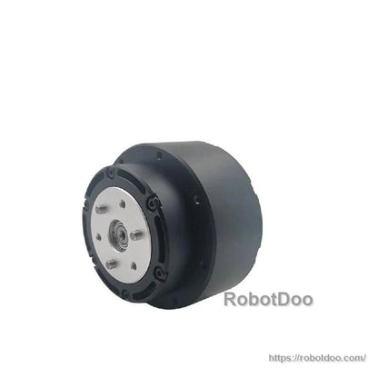 Three-quarter front view highlighting reducer body depth, output plate, and mounting bolt holes