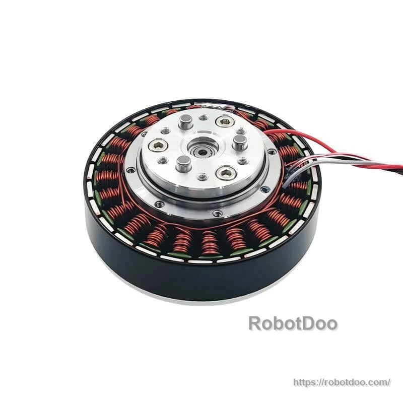 Open motor underside showing copper windings, output hub, and cable leads