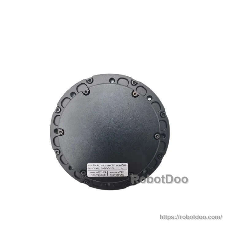 Rear face view of motor housing showing circular cover, perimeter screws, and identification label
