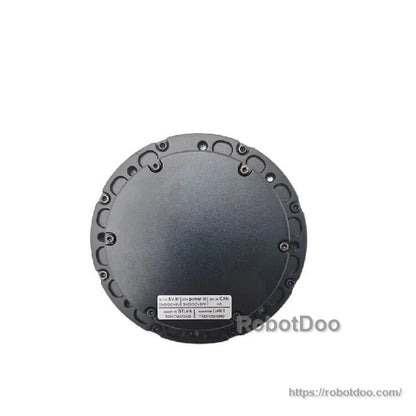 Rear face view of motor housing showing circular cover, perimeter screws, and identification label