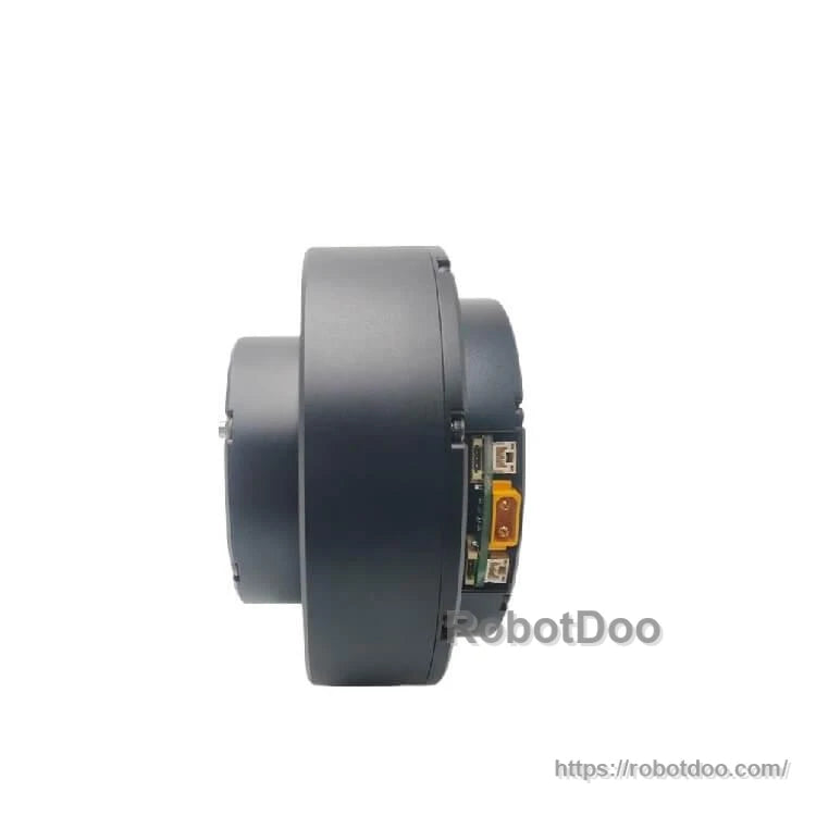 Side view showing connector end of motor with exposed port area and internal board opening