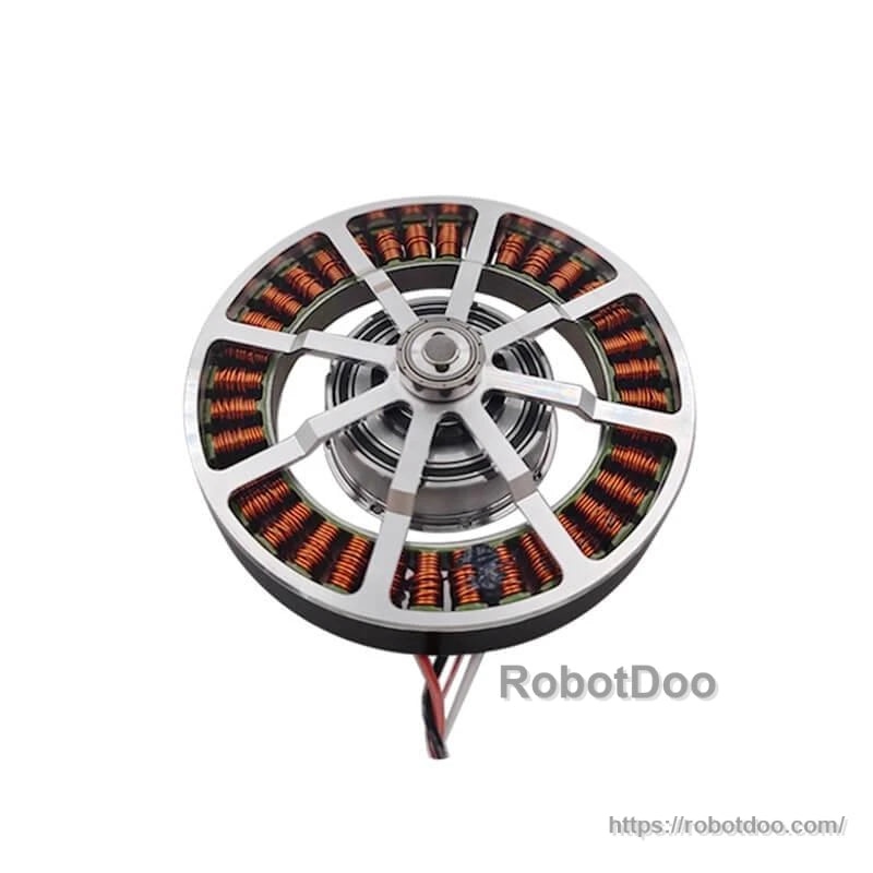 Motor internal view with silver rotor frame and exposed copper windings, wire leads at bottom