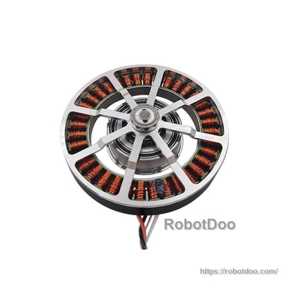 Motor internal view with silver rotor frame and exposed copper windings, wire leads at bottom