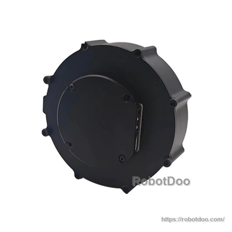 Angled side view of motor housing showing round back cover and perimeter fasteners