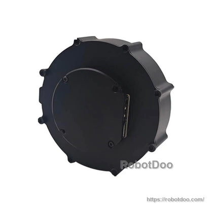 Angled side view of motor housing showing round back cover and perimeter fasteners