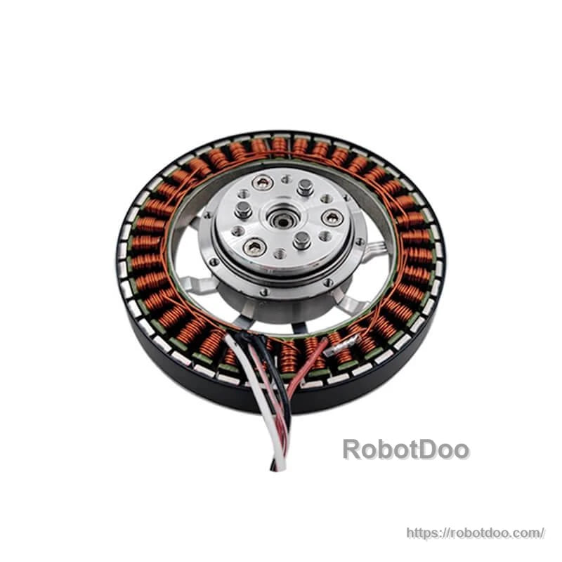 Motor internal view showing stator copper windings, center hub, and wire leads