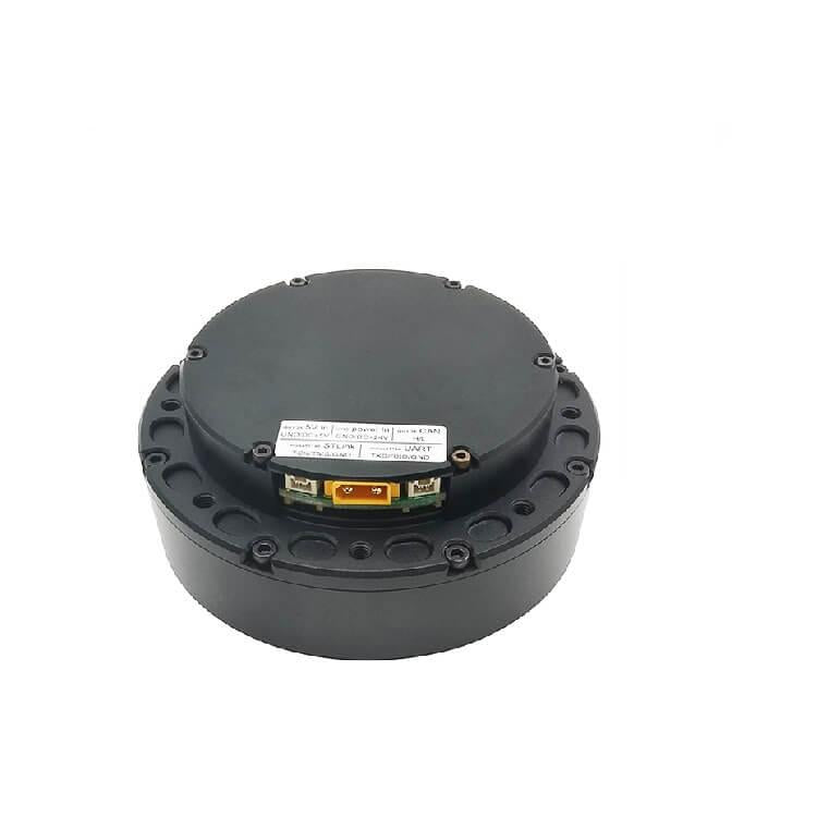 Rear view of motor with round back cover, product label, and exposed connector ports on the rim