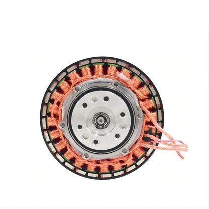SteadyWin GWK6013-9 motor top view showing copper windings, mounting plate and lead wires