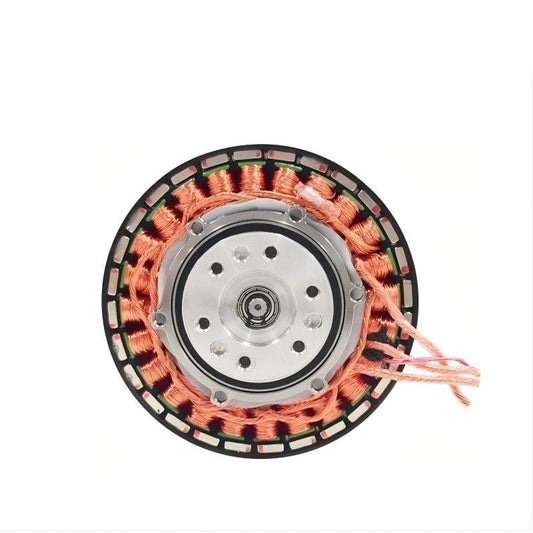 SteadyWin GWK6013-9 motor top view showing copper windings, mounting plate and lead wires