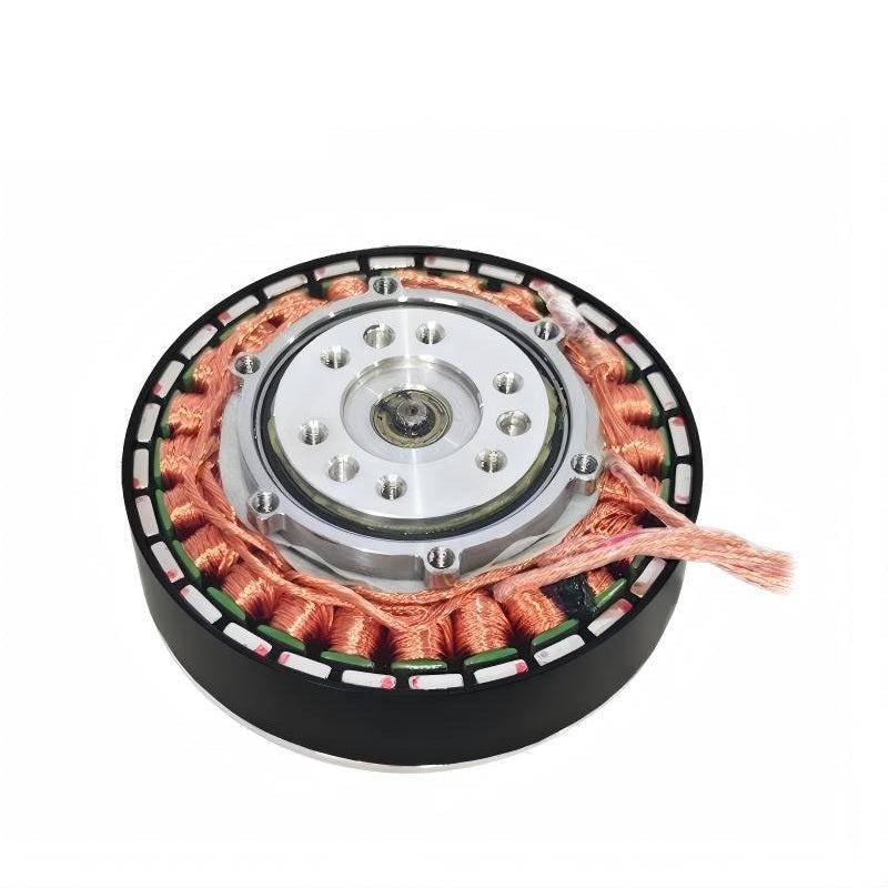 Angled view of motor showing stator copper coils, center hub and bolt-hole pattern