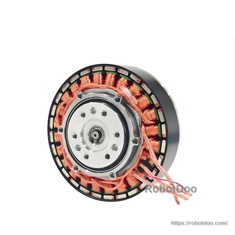 Side angle of open motor with copper windings and braided wire leads exiting housing