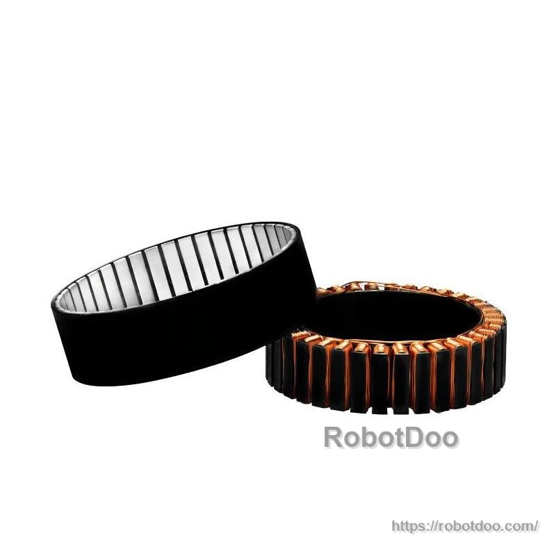 Motor stator and outer sleeve shown together, separated parts view on white background