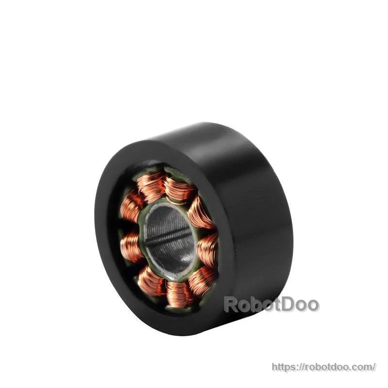 SteadyWin WK1105 12V micro motor assembled side angle showing black ring housing and stator coils
