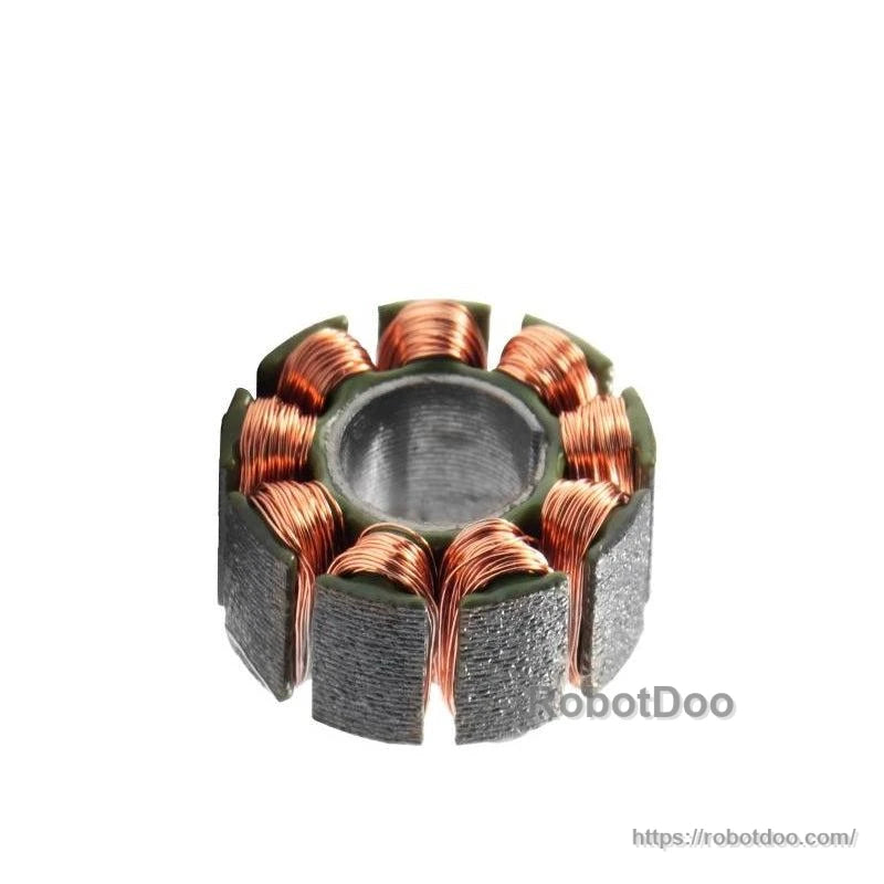 Top view of motor stator core with copper windings around the pole teeth