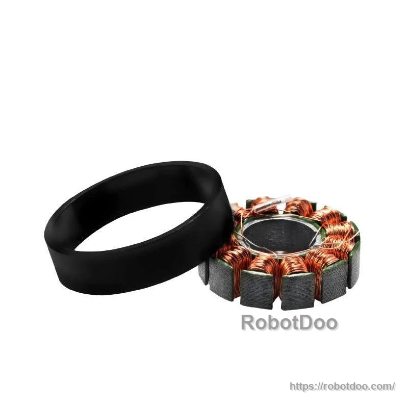 Motor parts shown separated: black outer ring housing and copper-wound stator ring, side view