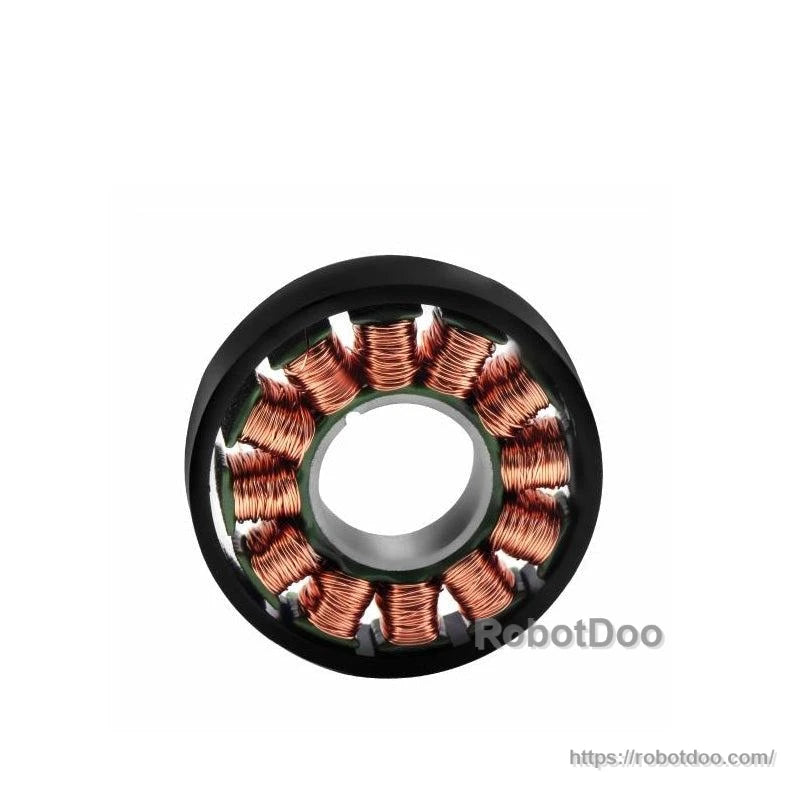 Front view of stator assembly inside black outer ring housing with copper windings visible