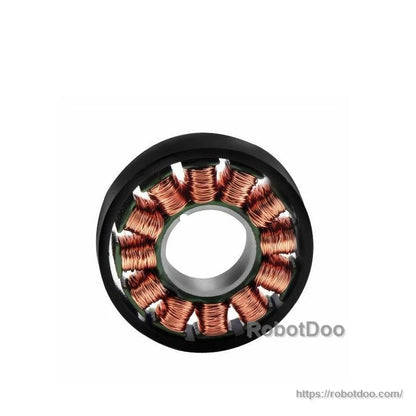 Front view of stator assembly inside black outer ring housing with copper windings visible