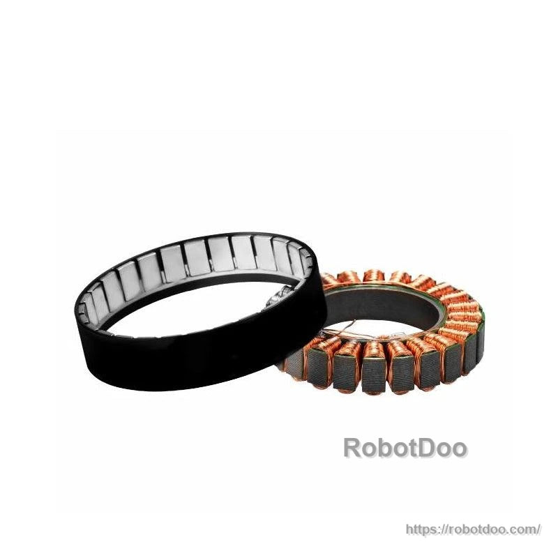 Motor components set: black outer rotor ring and copper-wound stator ring shown separated