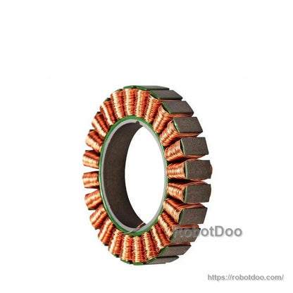 Side profile of stator showing stacked core teeth and copper windings around the ring