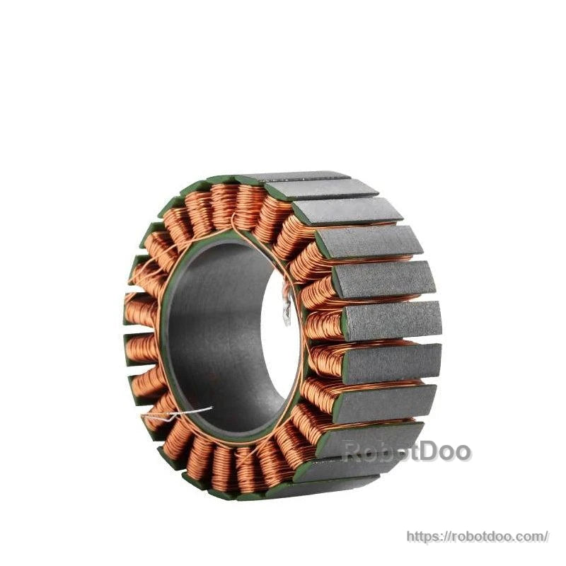 Angled view of motor stator showing stacked laminations, copper windings, and lead wires