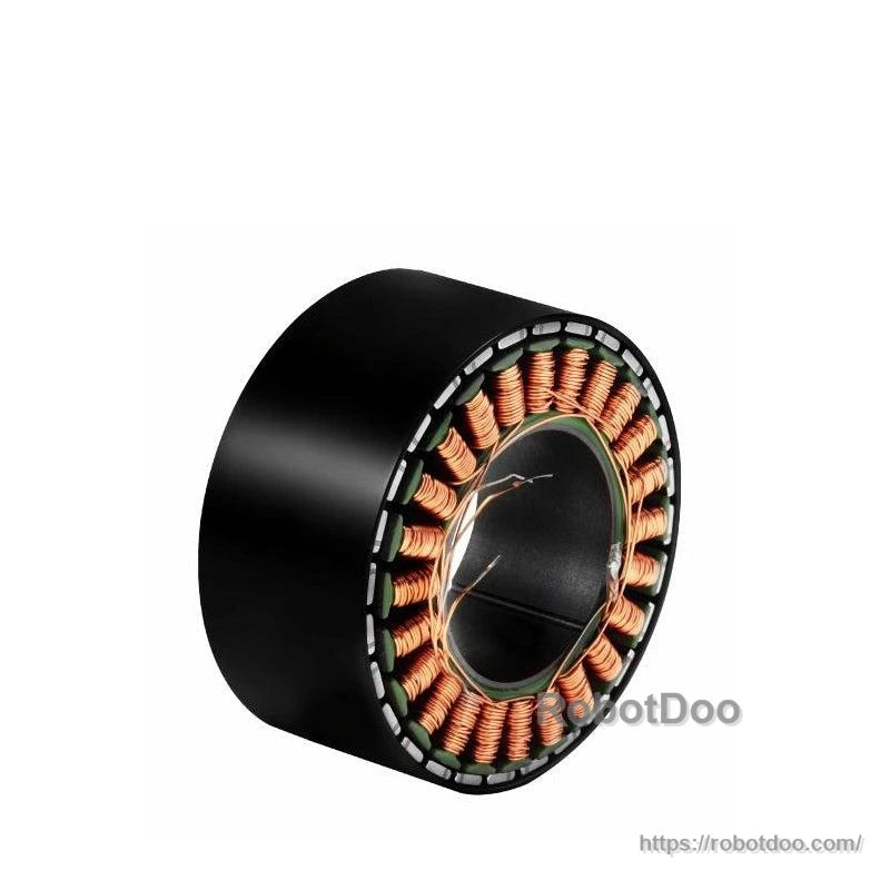 Motor stator installed in black outer can, angled view with copper windings visible at rim