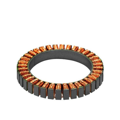 Motor stator with copper windings and segmented outer teeth, angled view