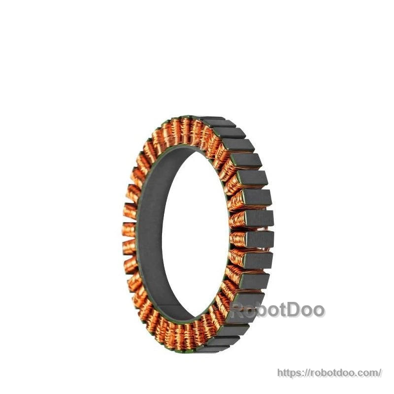 Stator ring profile view with copper windings and laminated teeth around edge