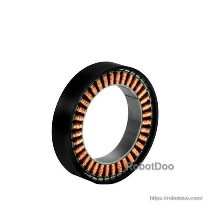 Angled view of stator inside black outer sleeve, showing copper windings around inner ring