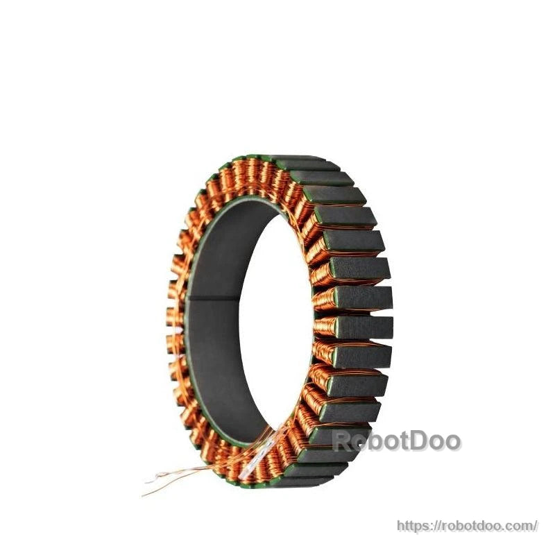 Side profile of motor stator with copper windings and laminated teeth, lead wires visible