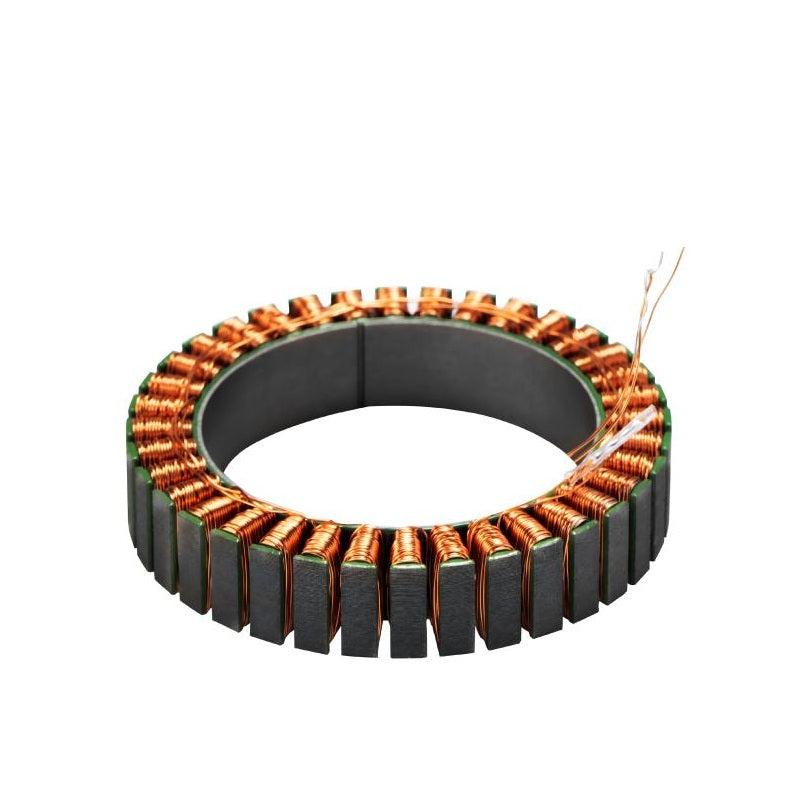 WK8115 motor stator ring with copper windings and lead wires on white background