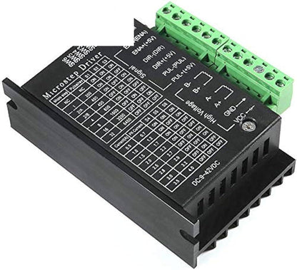 TB6600 stepper motor driver with green screw terminals and microstep setting chart