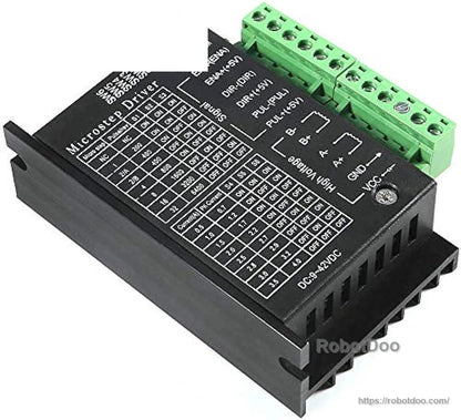 TB6600 controller top panel showing input wiring labels, DIP switches, and heat-sink housing