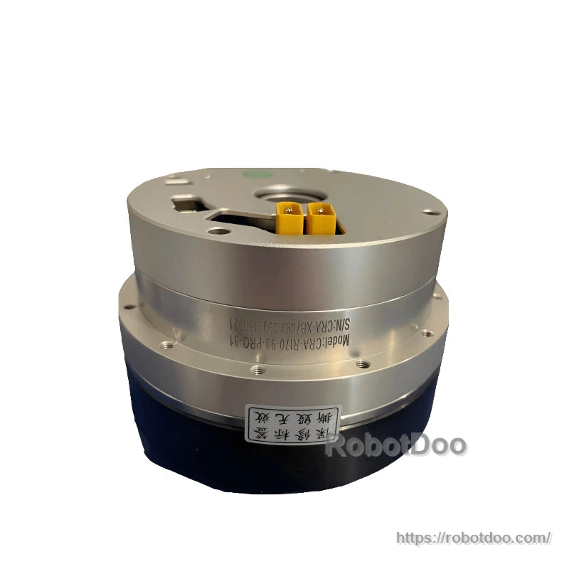 Side angle of silver joint motor module with yellow connector block and engraved model marking