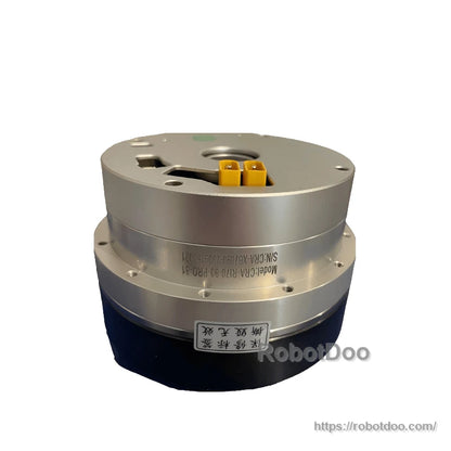 Side angle of silver joint motor module with yellow connector block and engraved model marking