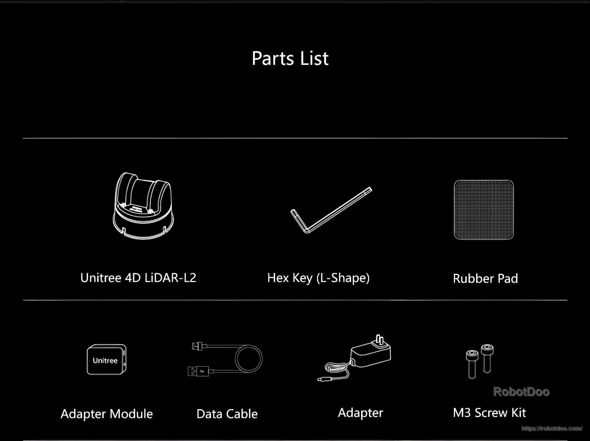 Unitree L2 4D LiDAR package contents: sensor, hex key, rubber pad, adapter module, data cable, adapter, and M3 screw kit
