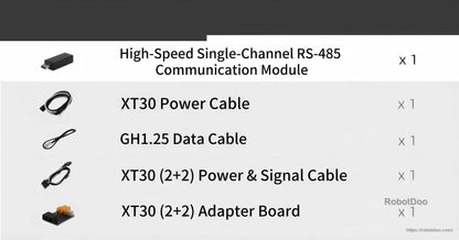 Package contents list: RS-485 module, XT30 power cable, GH1.25 data cable, XT30 power/signal cable, adapter board