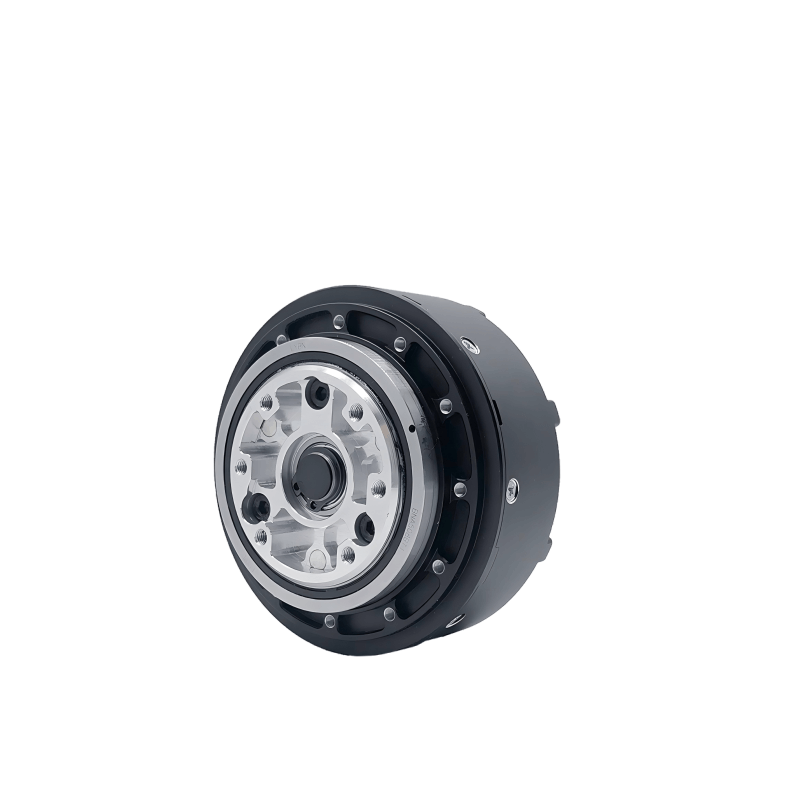 Integrated actuator with planetary reducer, angled three-quarter view showing mounting face and housing