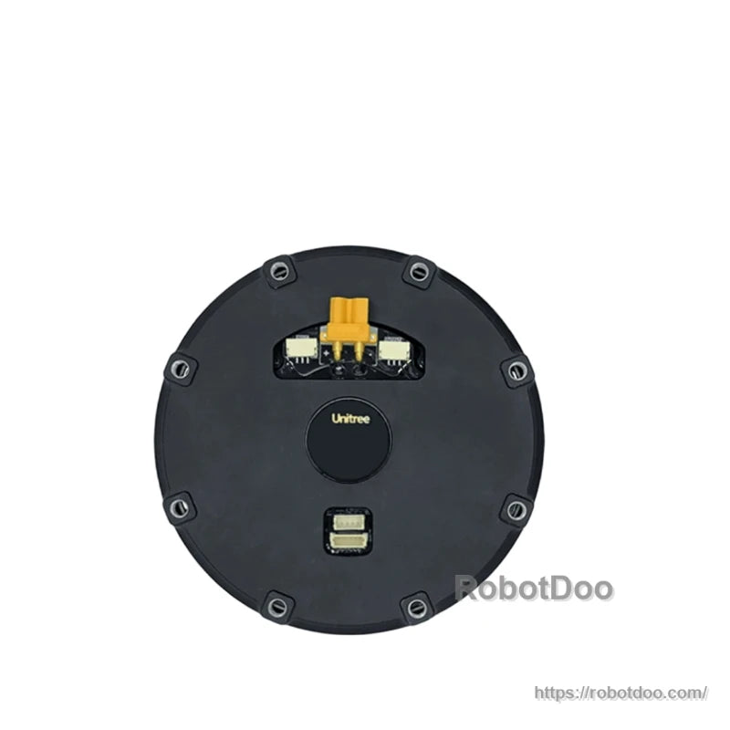 Rear view of Unitree A1 motor showing XT30-style power connector and small data ports