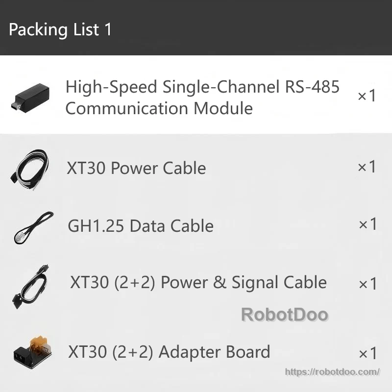 Packing list for included accessories: RS-485 module, XT30 power cable, GH1.25 data cable, and adapter