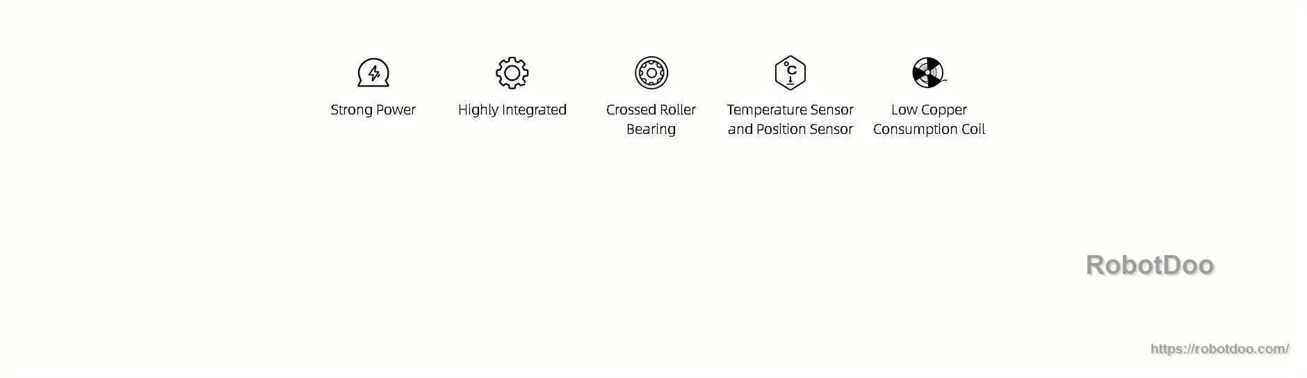 Key feature icons: strong power, integrated structure, crossed roller bearing, sensors, and low copper coil