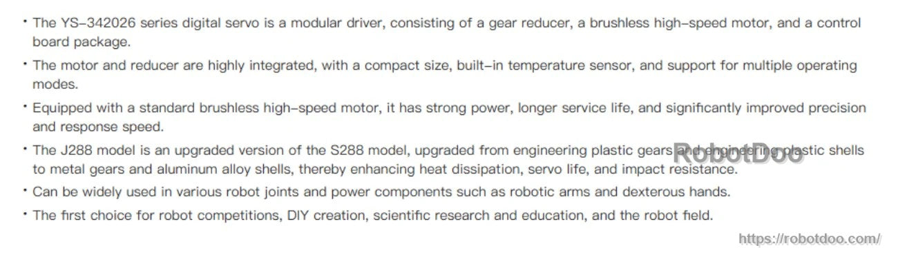 Product notes highlighting integrated reducer + brushless motor + control board, sensors, and serial bus communication