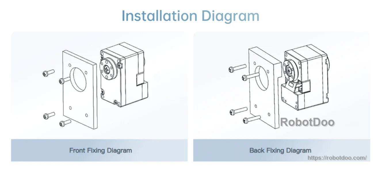 Installation diagram for Unitree YS-342026 brushless digital servo motor with front fixing and back fixing mounting options