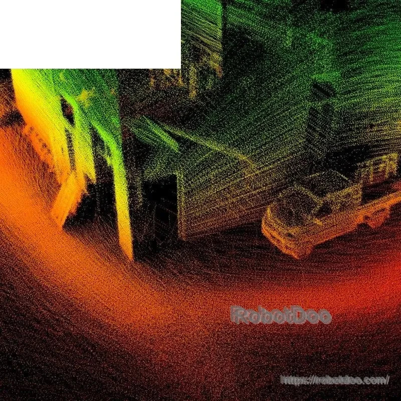 LiDAR point cloud of building exterior and parked vehicle, colorized depth map with curved scan path