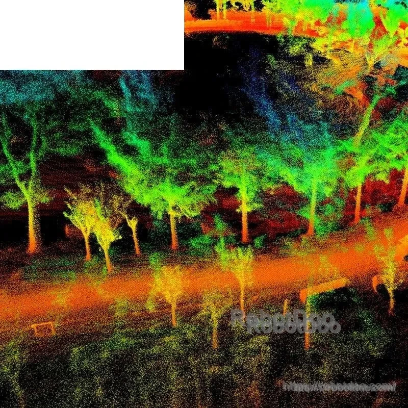 Outdoor LiDAR point cloud showing trees and roadside area in colorized depth gradient