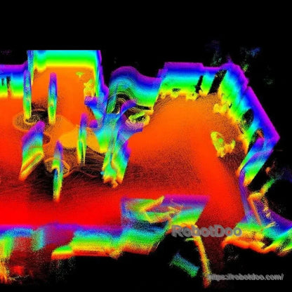 Colorized LiDAR point cloud of interior room scene with furniture edges highlighted in depth colors