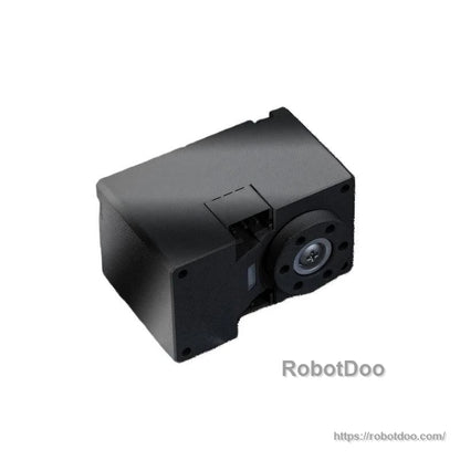 Side view of servo motor housing with output flange visible and top access cover