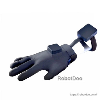 Glove with mounted sensor modules and forearm strap attachment, showing electronics housing on top